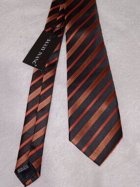 Barry Wang Men's Silk Tie Handmade Italy Orange Black Striped NEW